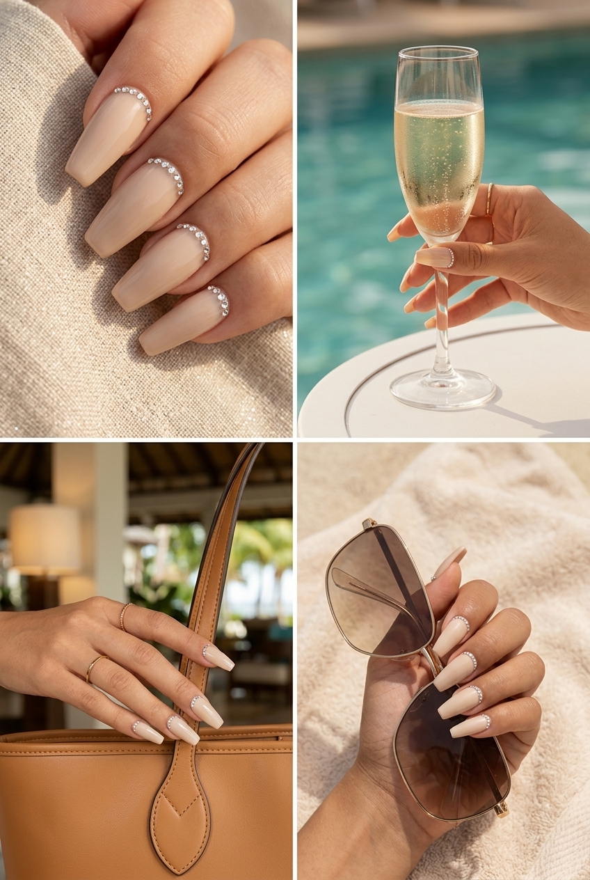 Beige rhinestone coffin nails for simple vacation nails 2026. Glamorous, luxurious, chic for formal events.