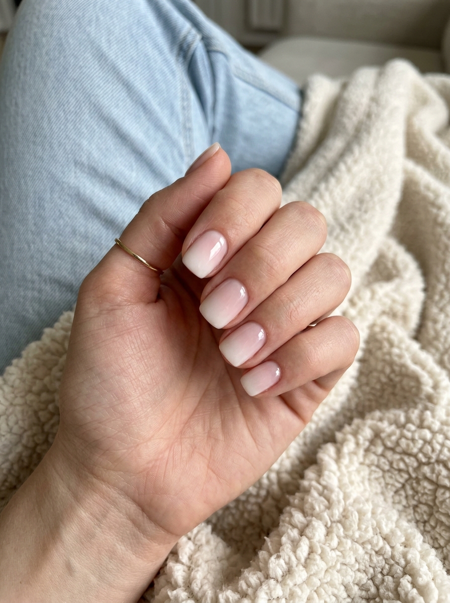 Milky pink gradient square nails for simple vacation nails 2026. Clean-girl, fresh, minimalist for everyday.