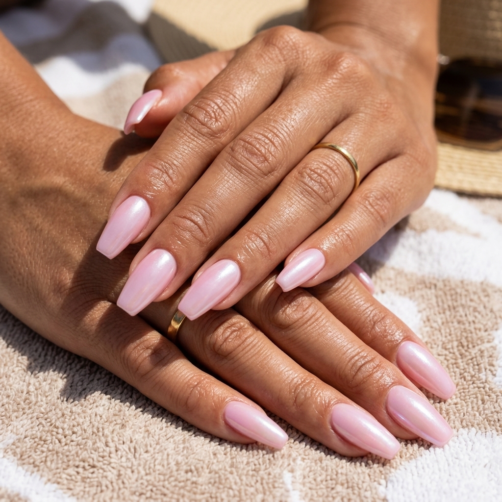 Soft peach glazed coffin nails for simple vacation nails 2026. Glamorous, romantic, perfect for resort wear.
