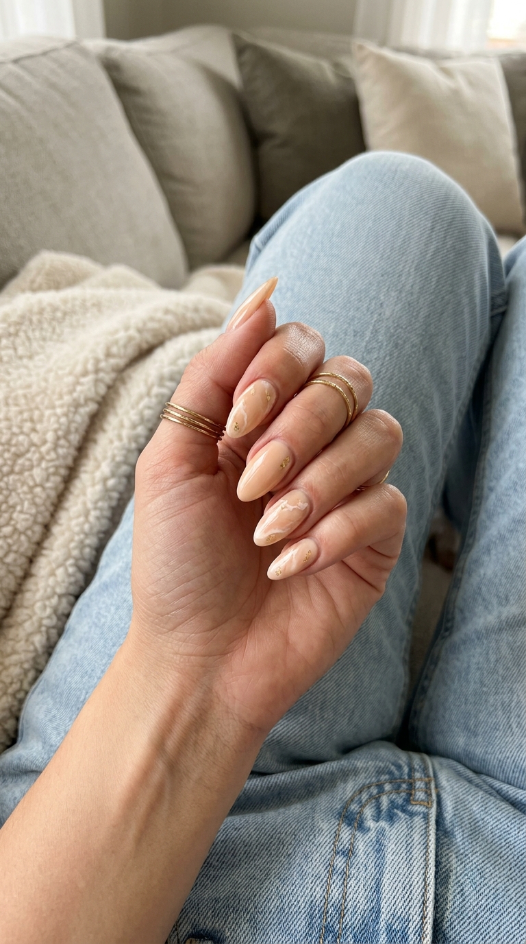 Peach marble almond nails for simple vacation nails 2026. Romantic, artistic, sophisticated for date nights.