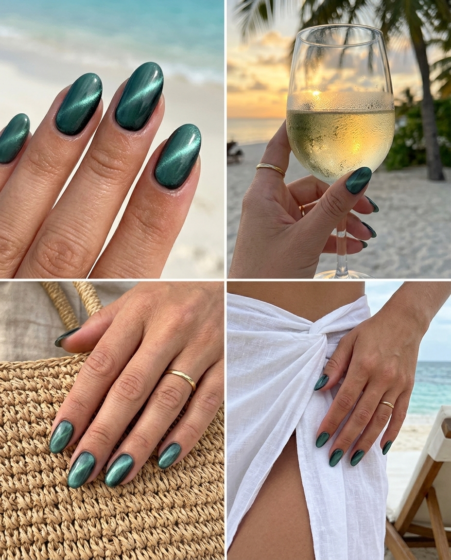 Seafoam cat-eye oval nails for simple vacation nails 2026. Futuristic, playful, enchanting for festivals.