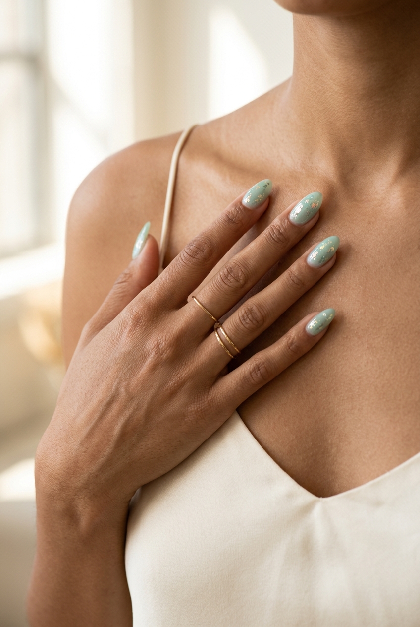 Seafoam foil almond nails for simple vacation nails 2026. Whimsical, sparkling, playful for beach getaways.