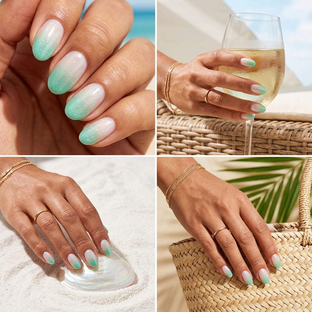 Seafoam green glitter gradient shell nails for simple vacation nails 2026. Playful, whimsical, ideal for beach getaways.