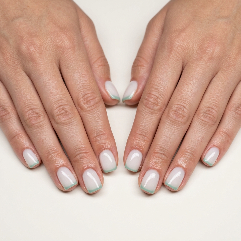Seafoam square micro French nails for simple vacation nails 2026. Clean-girl, polished, serene for beach getaways.