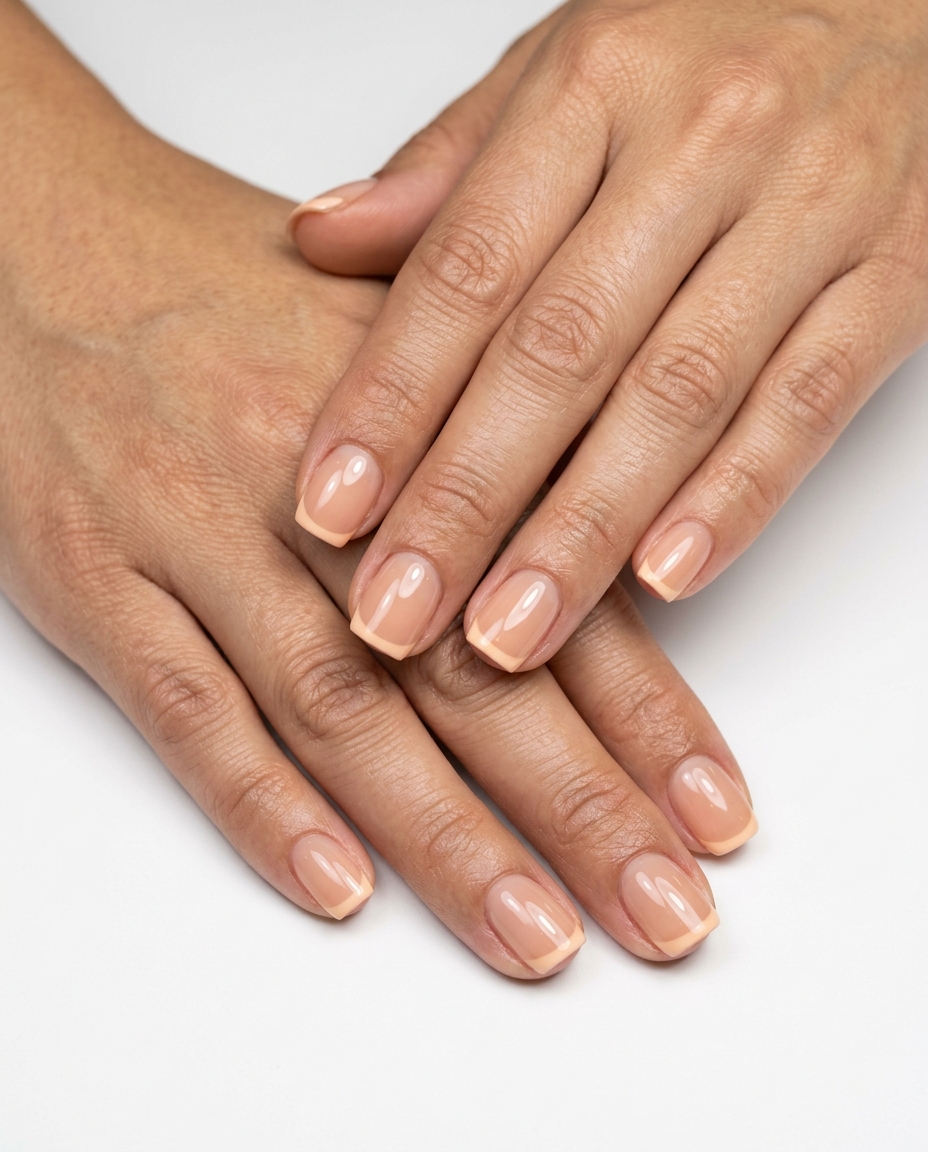 Soft peach micro French nails for simple vacation nails 2026. Clean-girl, effortless, polished for travel.