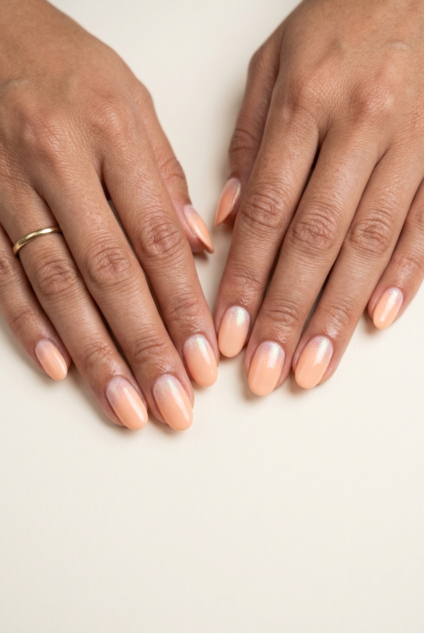 Soft Peach Oval Subtle Shimmer Accent nails for simple vacation nails 2026, romantic and ethereal for getaways.