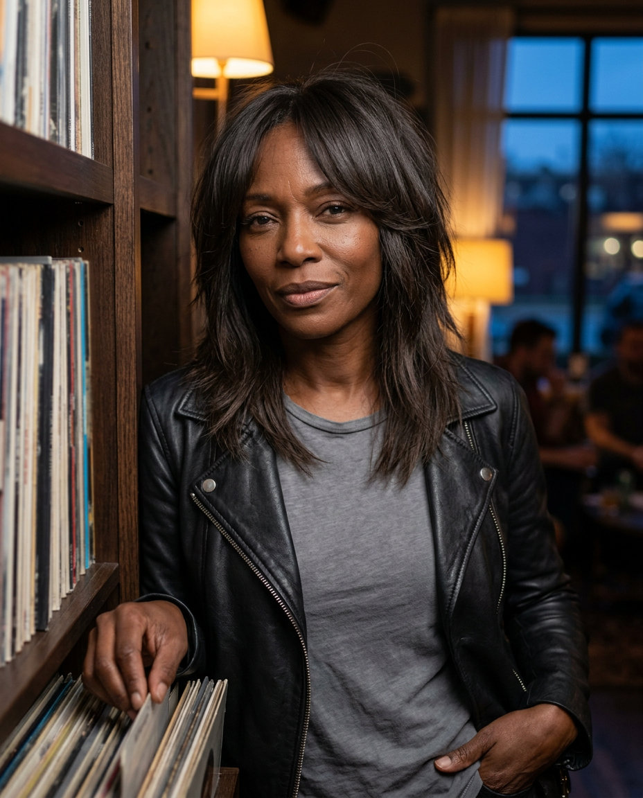 medium-length soft shag haircut in smoked espresso with cool ash undertones, choppy layers and curtain fringe for cool-girl casual