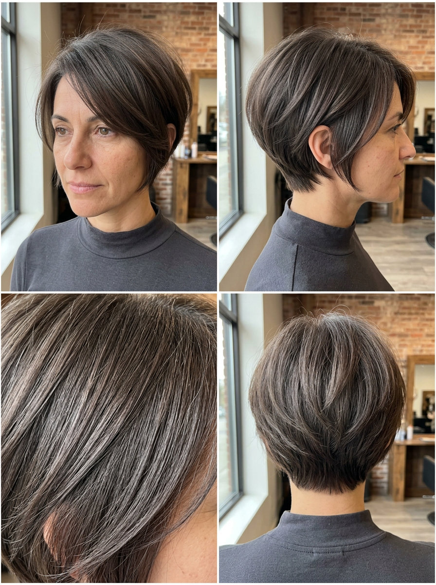 short crop haircut in smoked espresso with cool ash undertones, soft disconnected layers and tapered nape for edgy