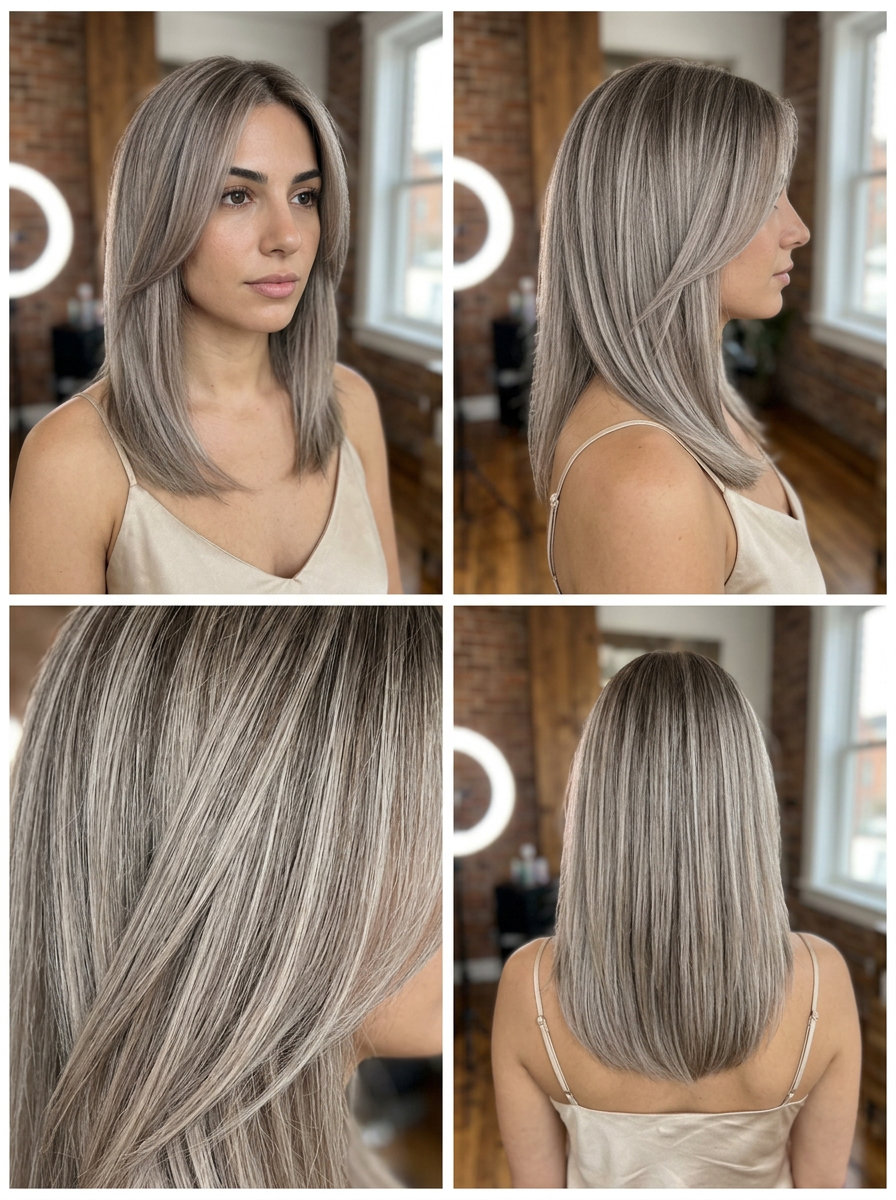 long balayage with smoky ash blonde, cool beige & gray, no warmth — sophisticated daily office