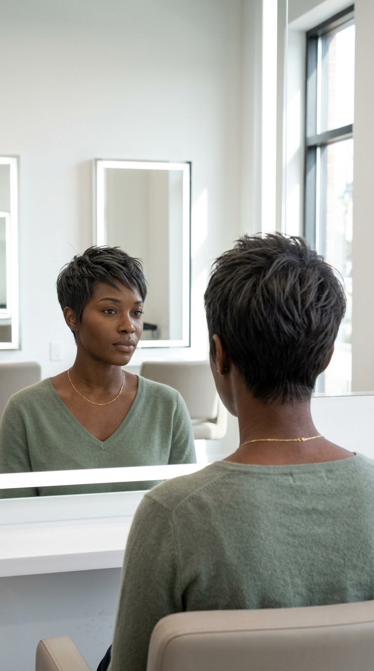 short smoky ash midnight brunette pixie crop with razored texture and clean perimeter for edgy look