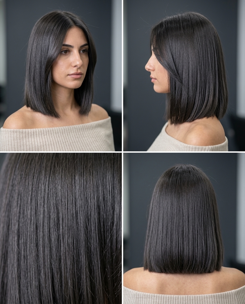 shoulder-length smoky ash brunette bob with blunt ends and sleek finish for office