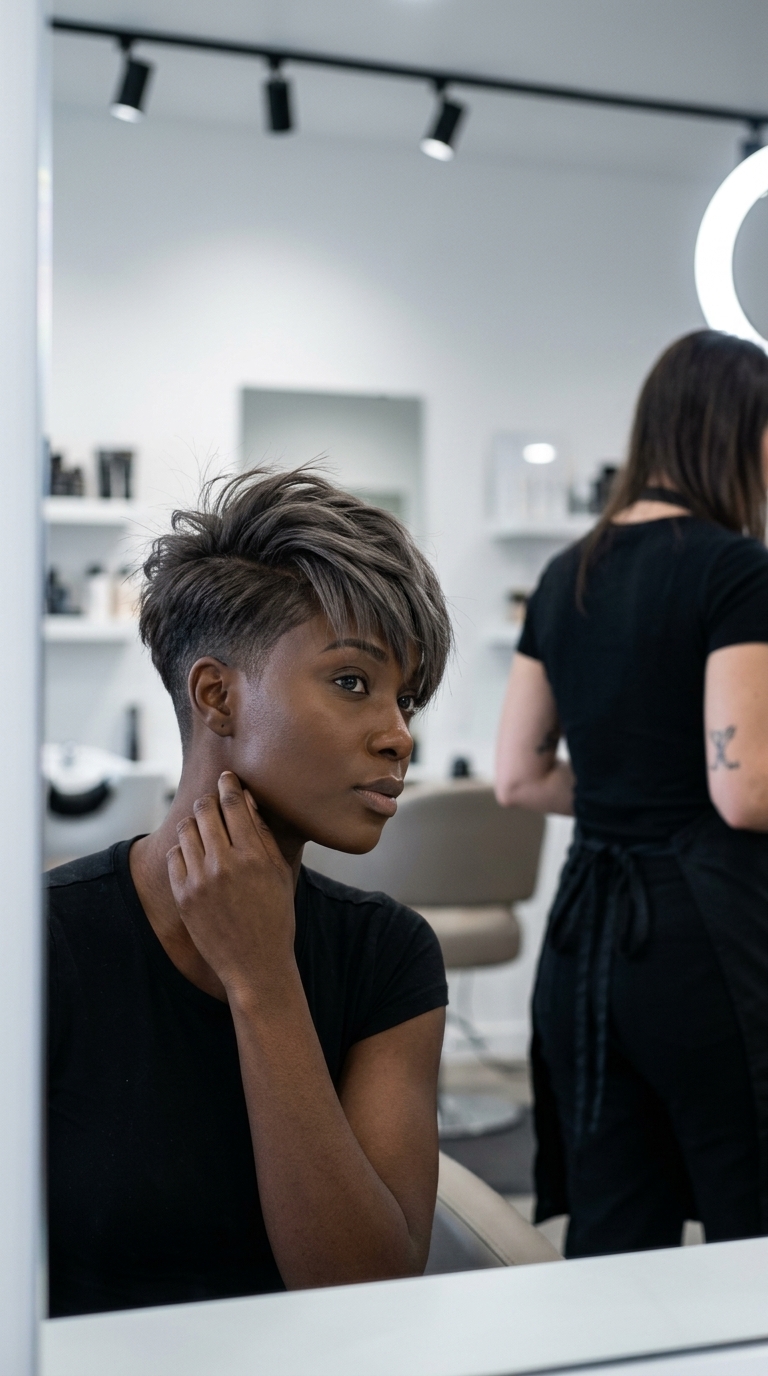very short smoky ash undercut pixie with charcoal infused brown color, textured top, asymmetric fringe — edgy and rebellious