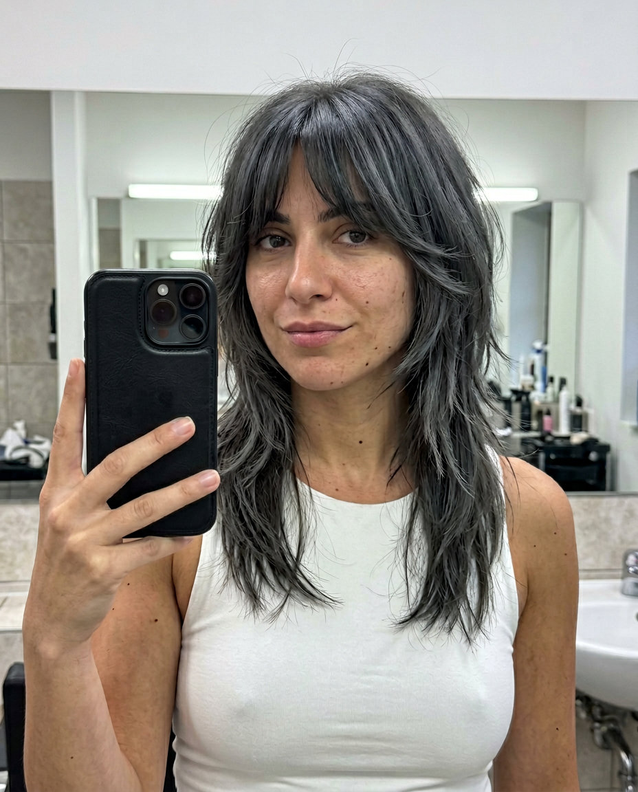 medium-length shag with smoky charcoal mushroom and gray-blue reflects, curtain bangs — playful