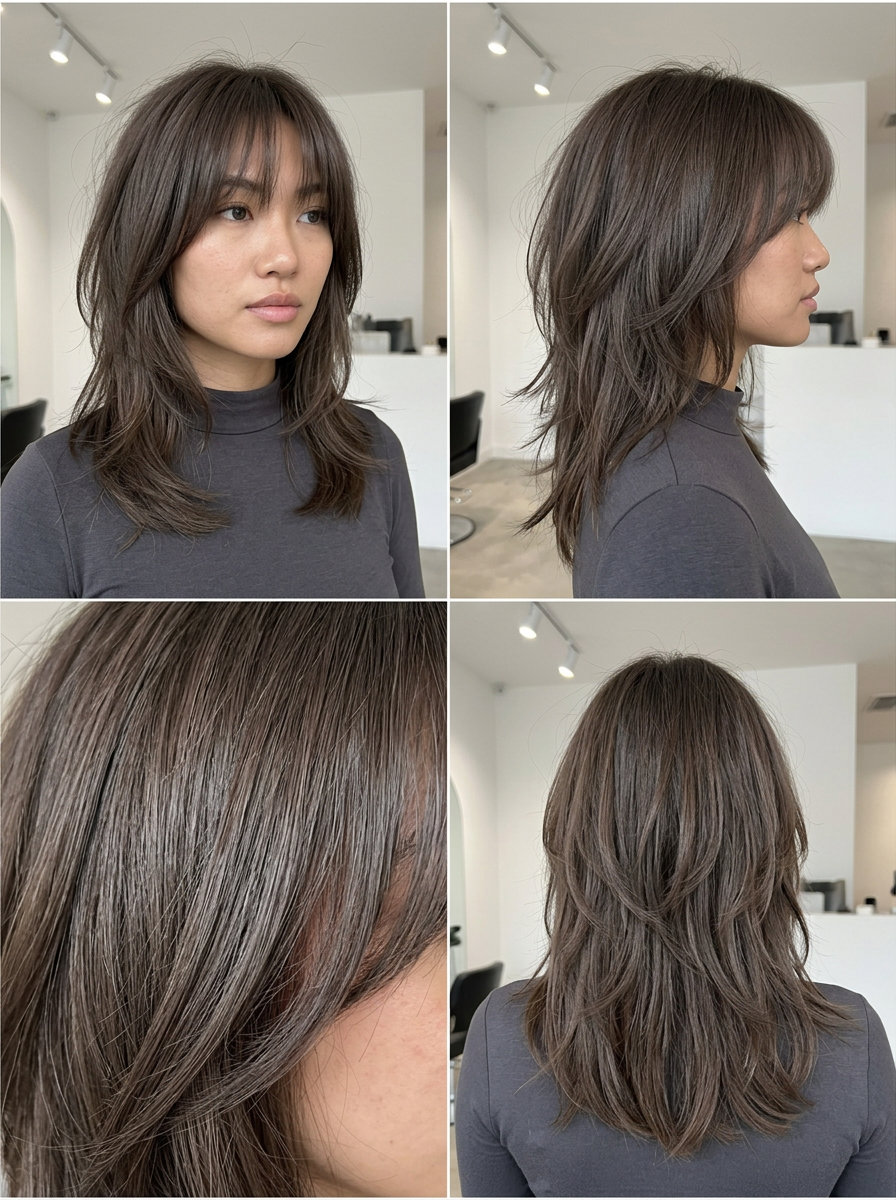 medium shag haircut with smoky charcoal mushroom brown, razored layers, curtain bangs — edgy bohemian look