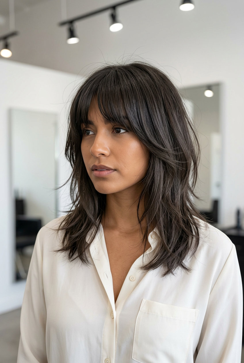 shoulder-length smoky charcoal mushroom brown hair color with ash micro-lowlights, shag layers, curtain bangs — playful
