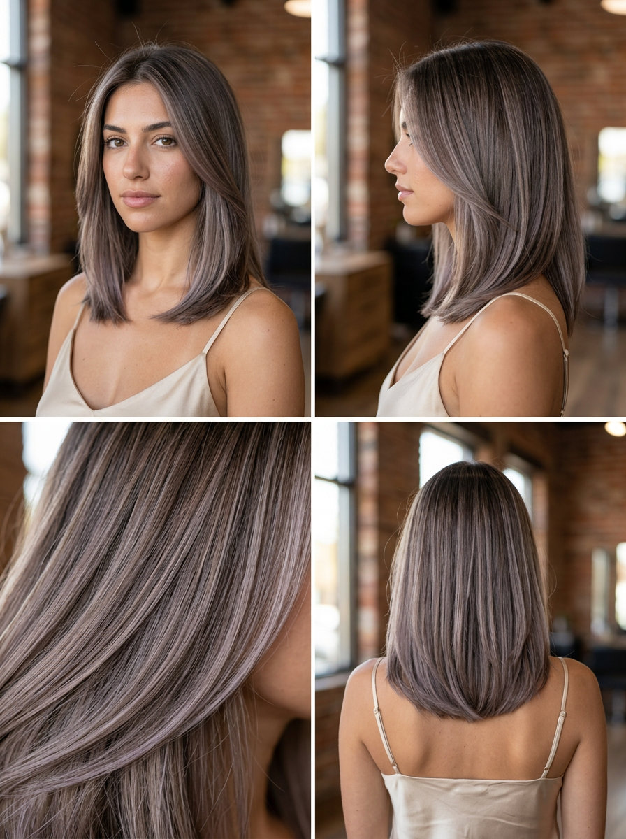 long minimal layer smoky quartz balayage with ash violet for summer 2026