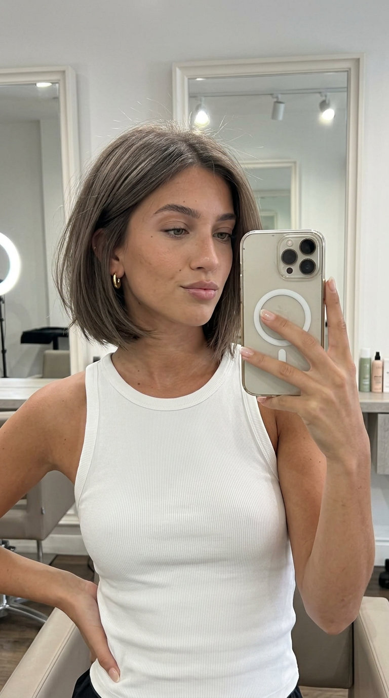 short smoky taupe mushroom brown hair color with cool ash gloss, asymmetrical bob, no bangs — playful