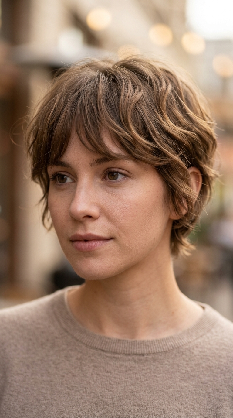 very short wispy pixie haircut in soft brown with feathered fringe for romantic occasions