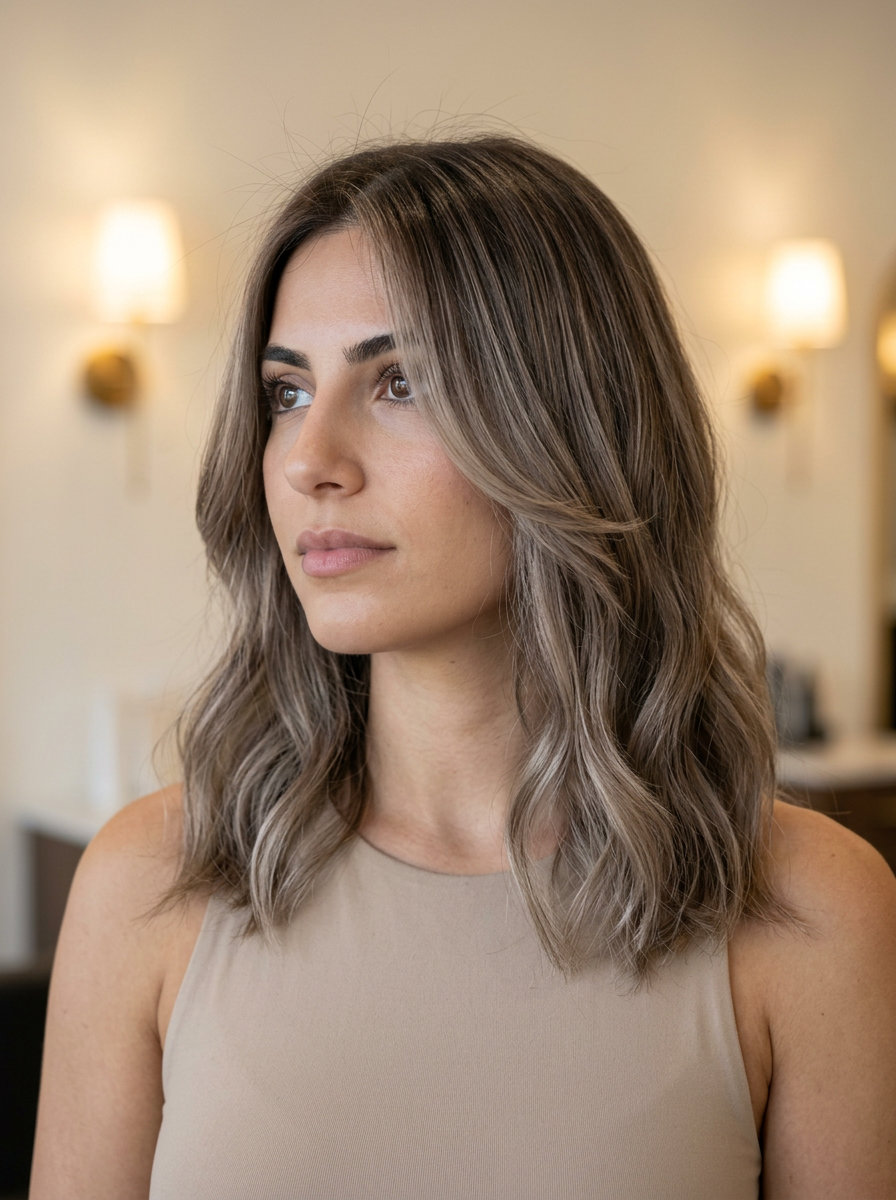 mid-length cut with soft taupe balayage and mushroom brown base, face-framing layers — effortless