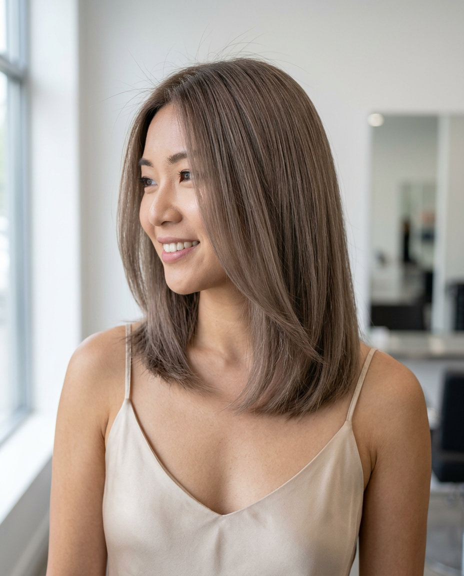 collarbone-length midi cut with soft taupe mushroom brown, invisible internal layers — relaxed