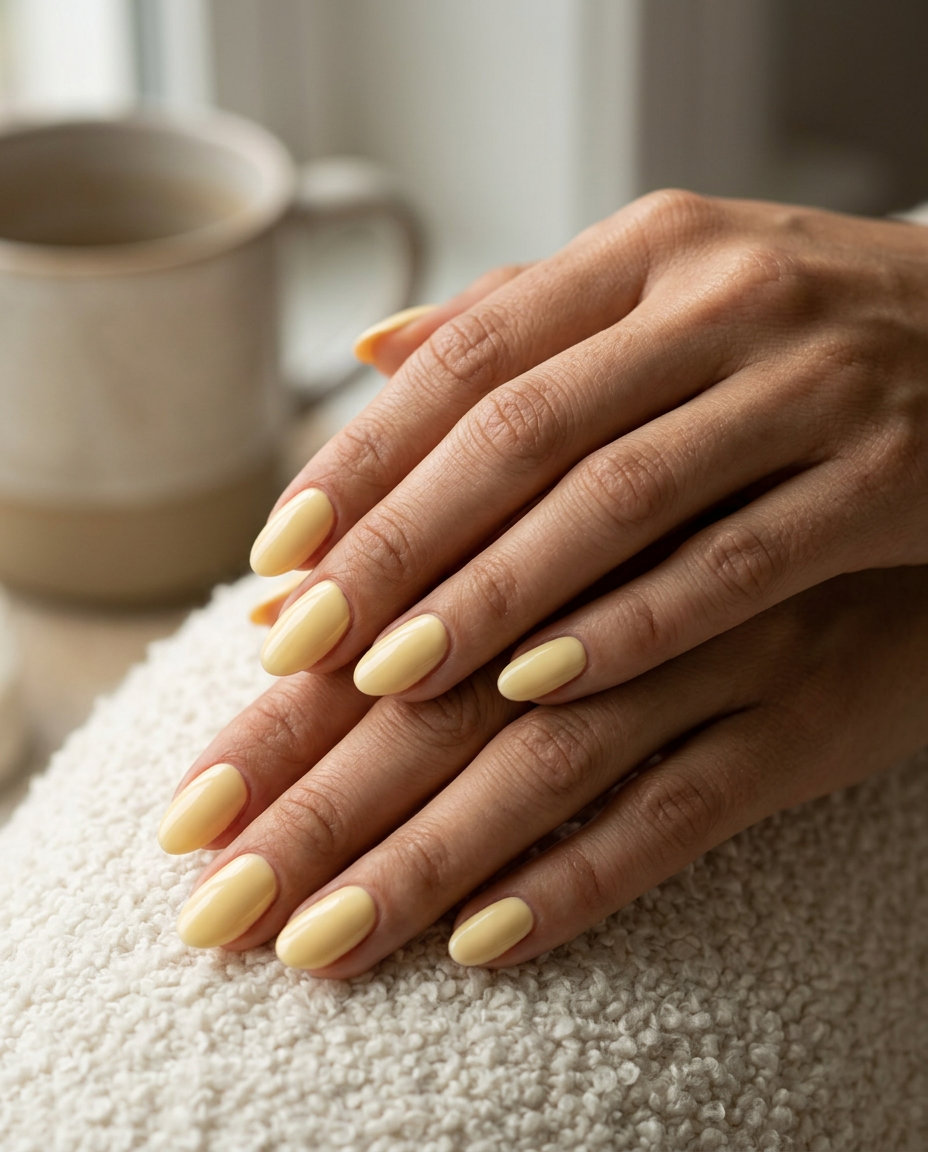 Butter Yellow Nails 2026: Cheerful Summer Style Creamy butter yellow oval nails for solid summer nails 2026. Cheerful and understated for brunch.