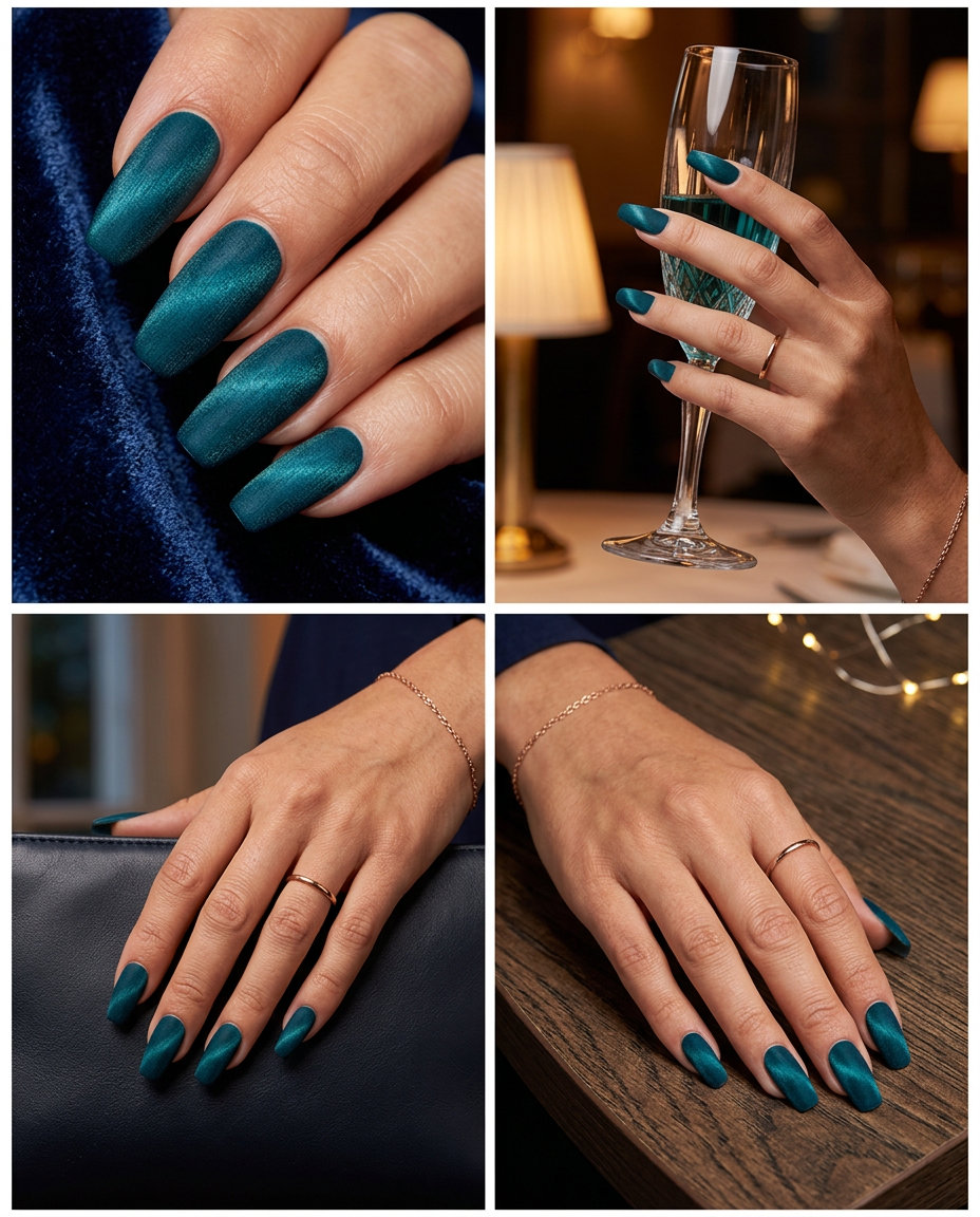 Teal Velvet Coffin Nails 2026: Mysterious Glam Velvet deep teal long coffin nails for an evening event, a mysterious and luxurious look for solid summer nails 2026.