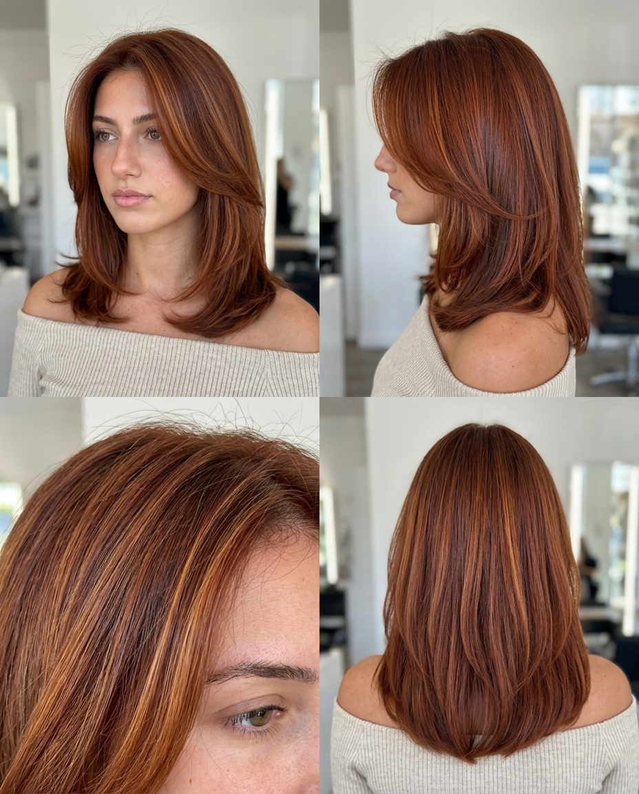 mid-length spiced ginger with face-framing layers and balayage for warm natural waves