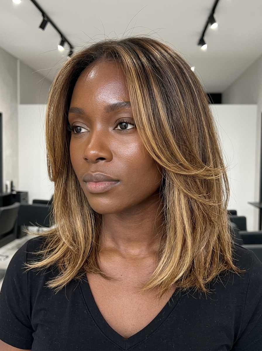 shoulder-length lob haircut with spiced honey balayage, soft internal layers for effortless chic