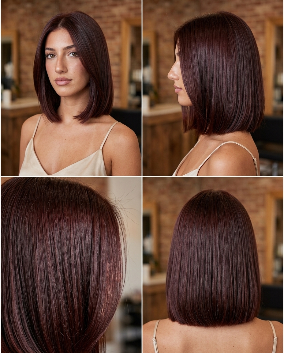 chin-length blunt bob spiced mahogany auburn hair, uniform color — sophisticated summer style