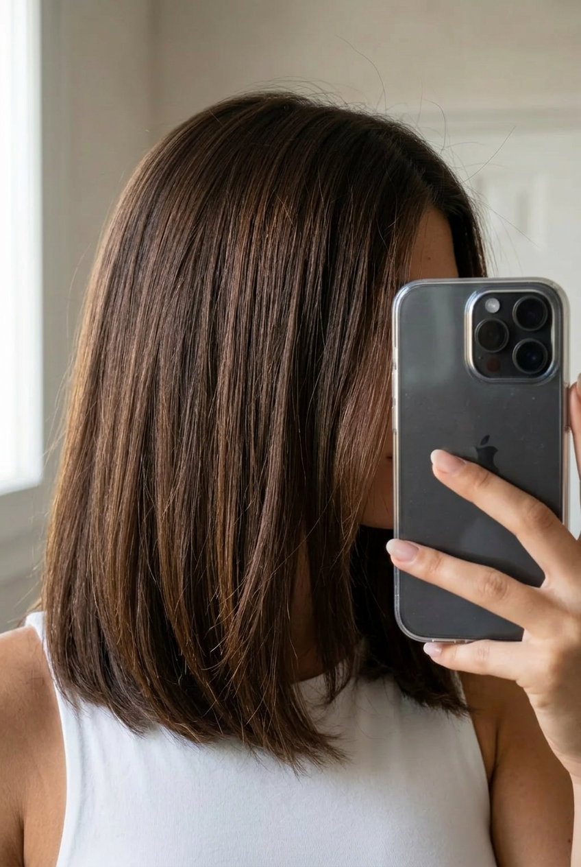 Spiced Walnut Brunette Hair Color 2026 long one-length brunette hair with spiced walnut all-over, single process, no fringe β sophisticated office look
