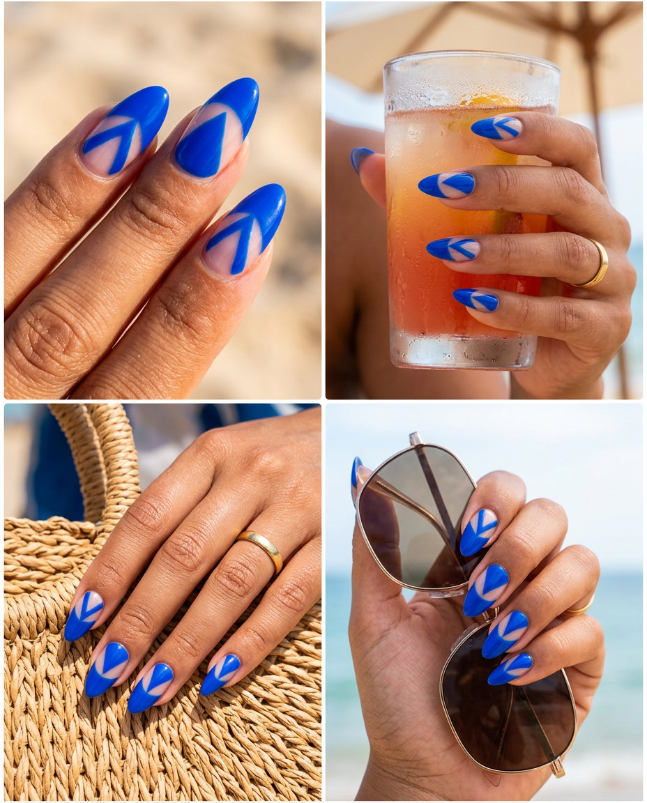 Edgy stiletto summer nails 2026 in electric blue geometric negative space for parties.