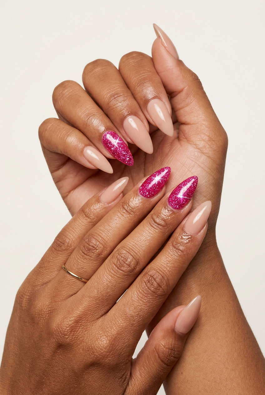 Playful hot pink glitter accent stiletto nails with nude base. Stiletto summer nails 2026.