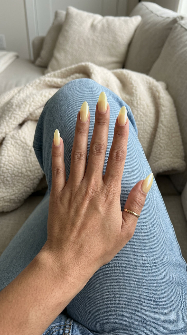 Fresh pale yellow stiletto nails with a subtle iridescent glaze. Stiletto summer nails 2026.