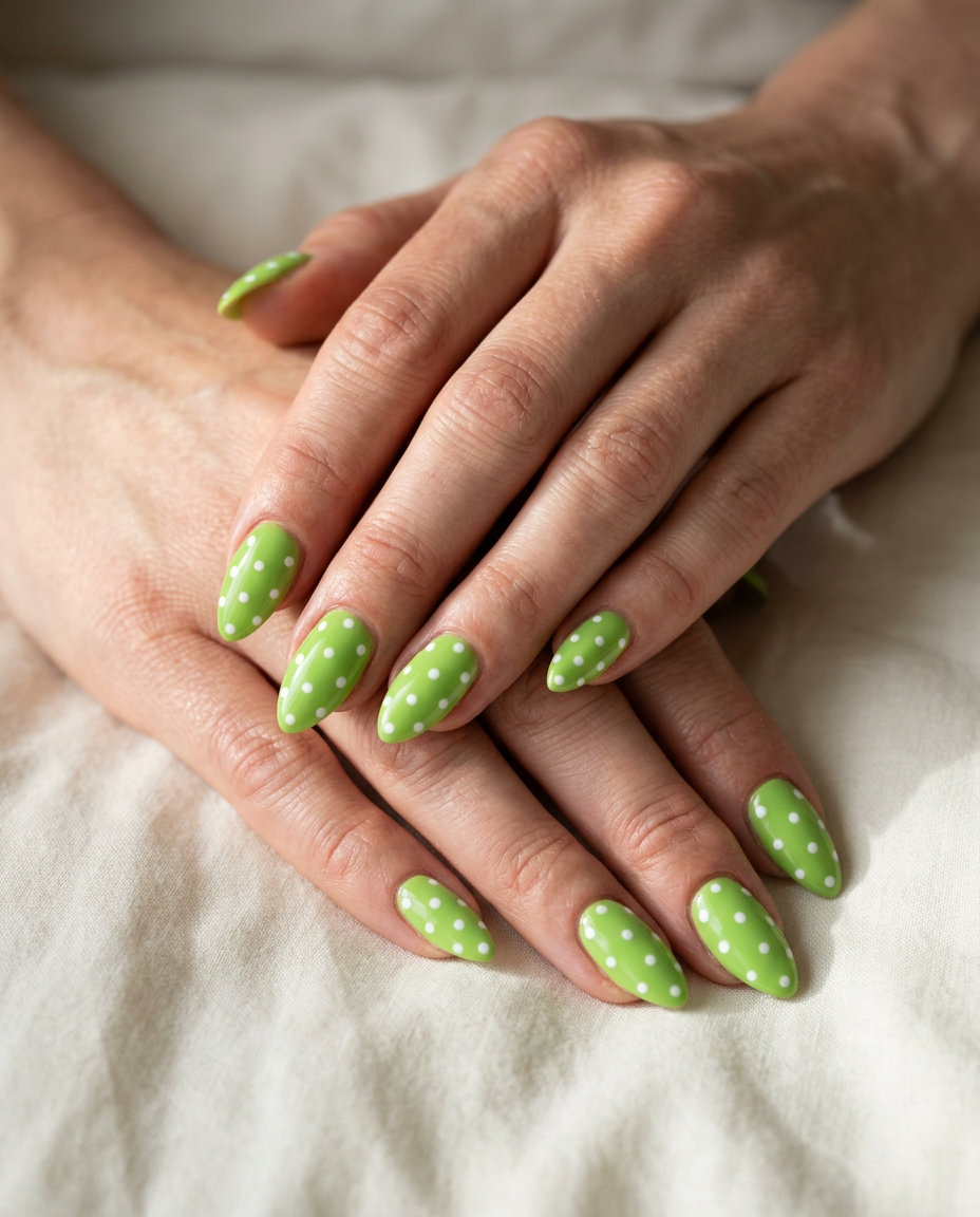 Playful lime green stiletto nails with scattered bright white polka dots. Stiletto summer nails 2026.