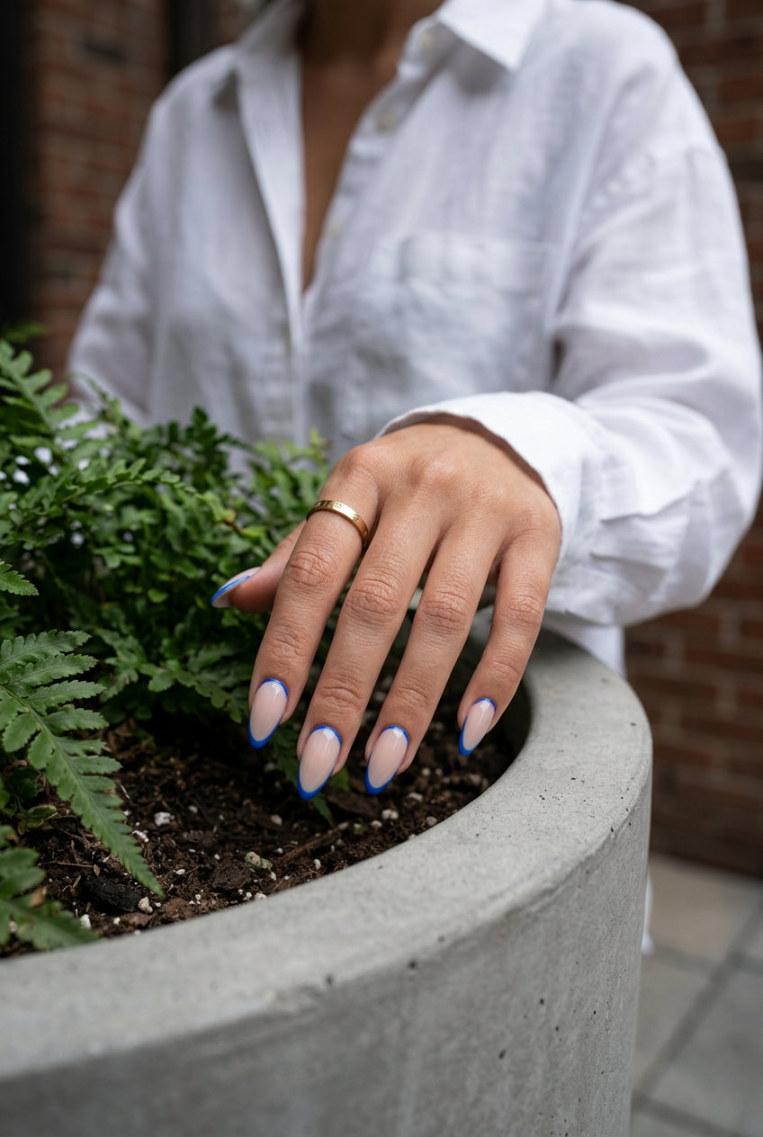 Sophisticated stiletto summer nails 2026 with electric blue cuticle line.