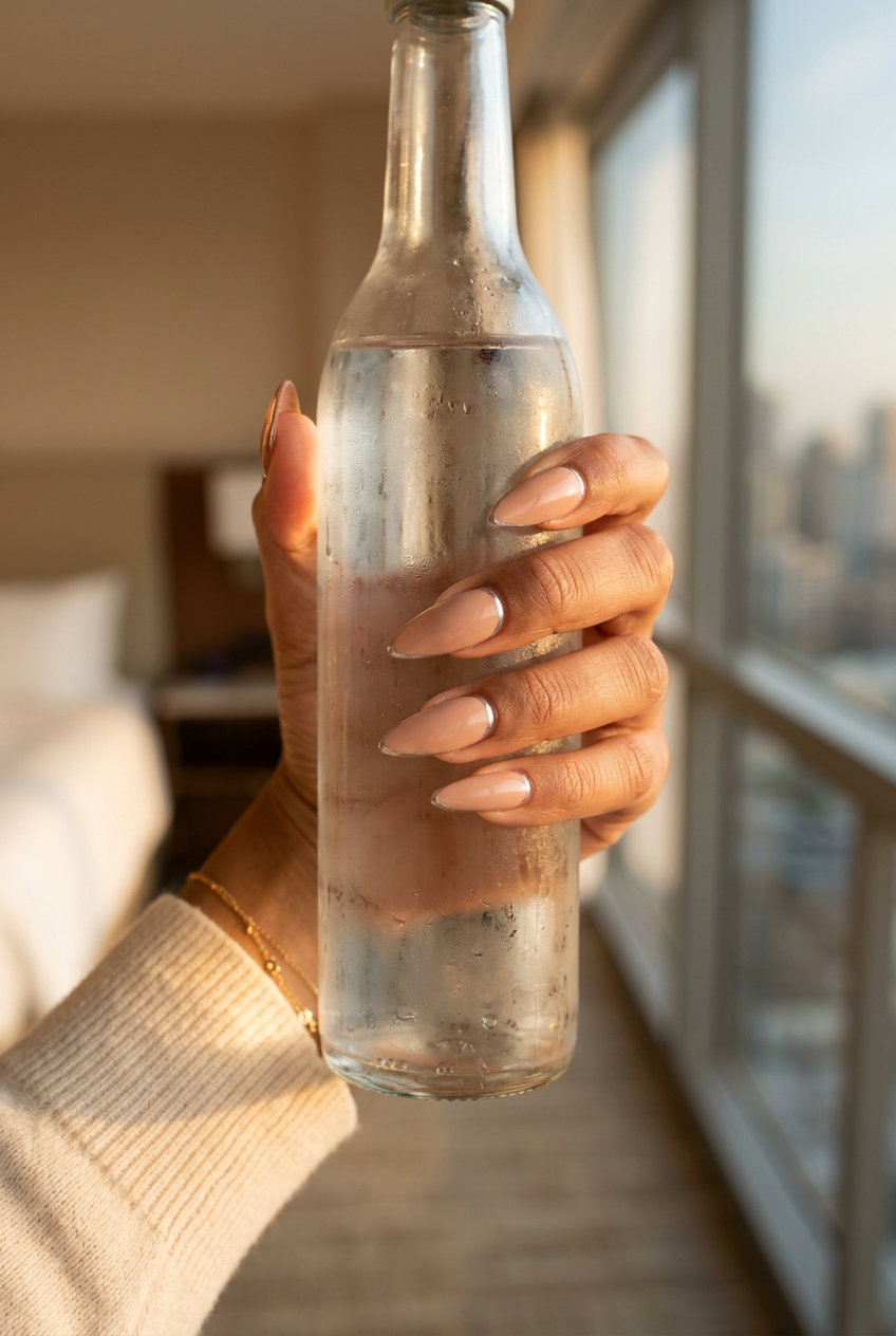 Chic nude stiletto nails with a minimalist chrome accent line. Stiletto summer nails 2026.