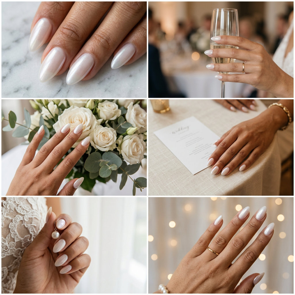 Ethereal stiletto summer nails 2026 in sheer white with iridescent pearl shift for weddings.