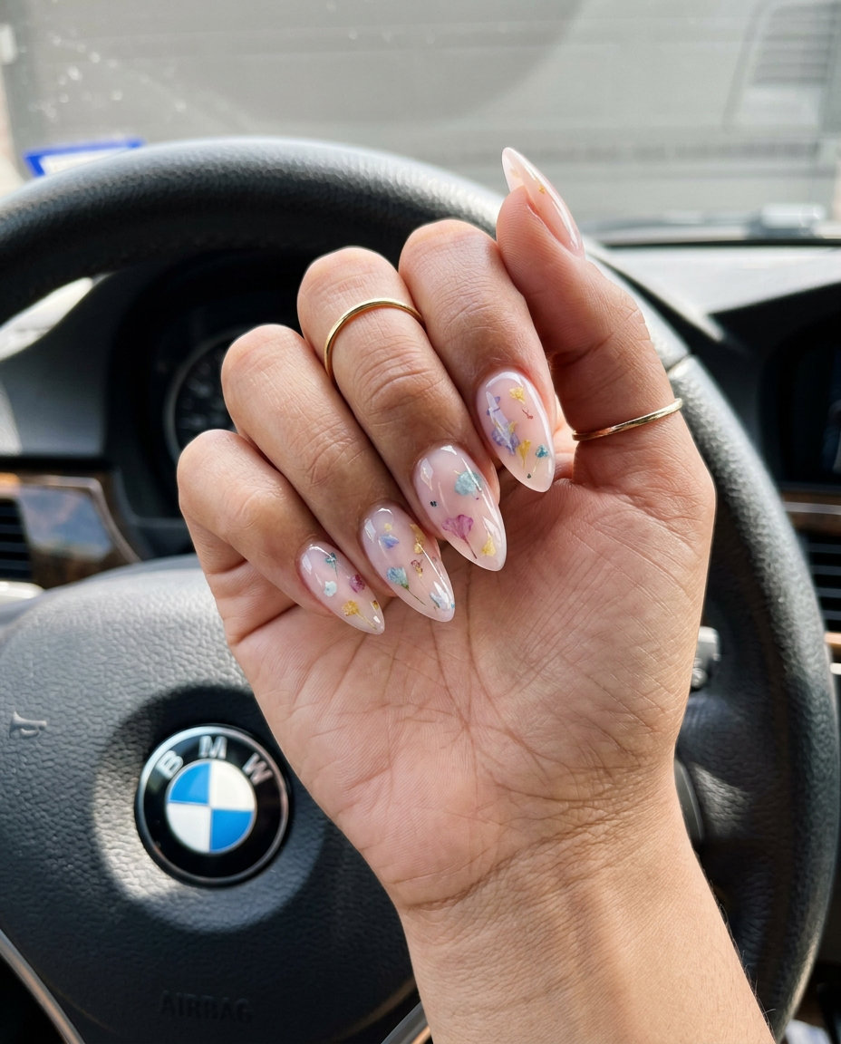 Romantic milky pink stiletto nails with delicate pastel dried flowers. Stiletto summer nails 2026.
