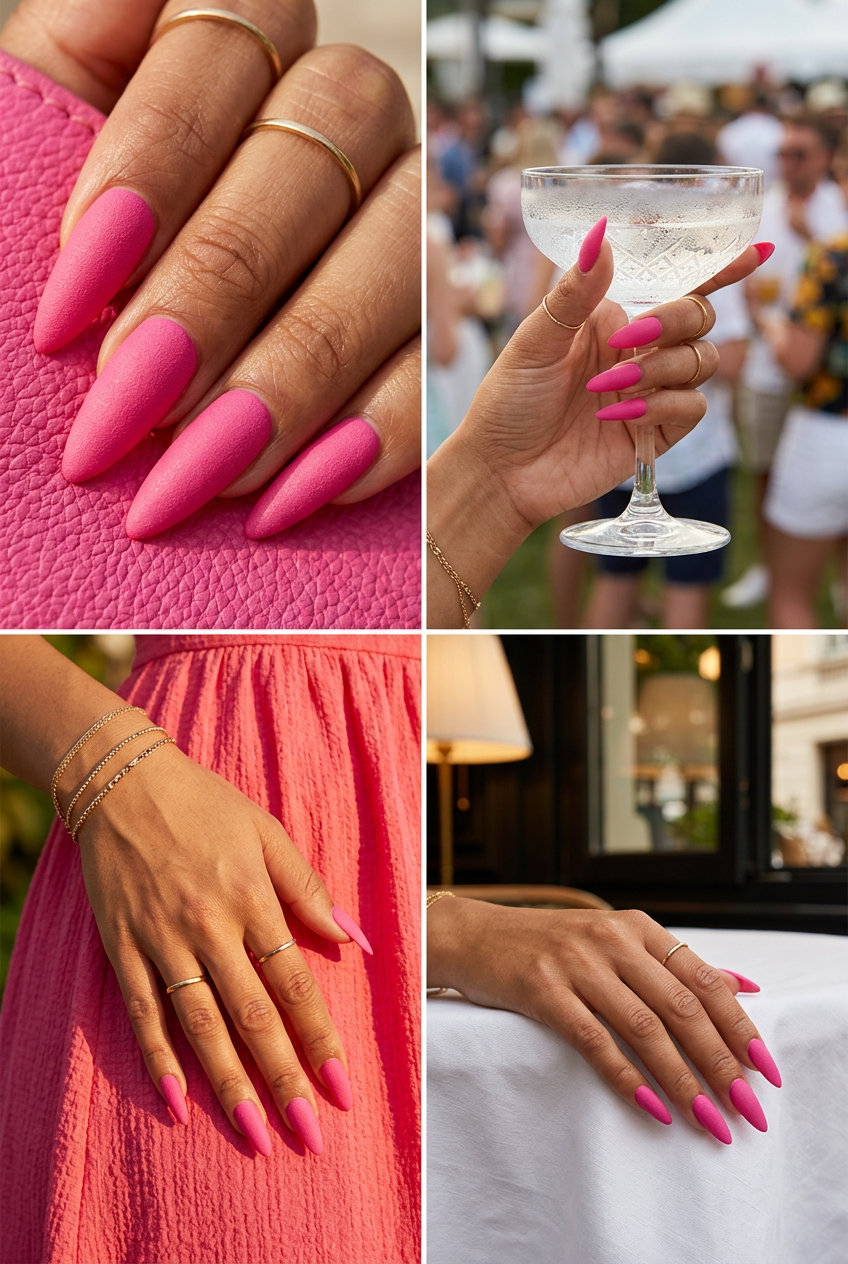Playful hot pink textured stiletto nails for summer parties 2026. Bold and tactile.