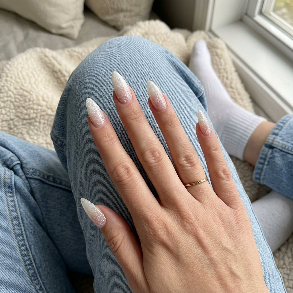 Glamorous white glitter gradient stiletto nails for formal events 2026. Ethereal and sophisticated.