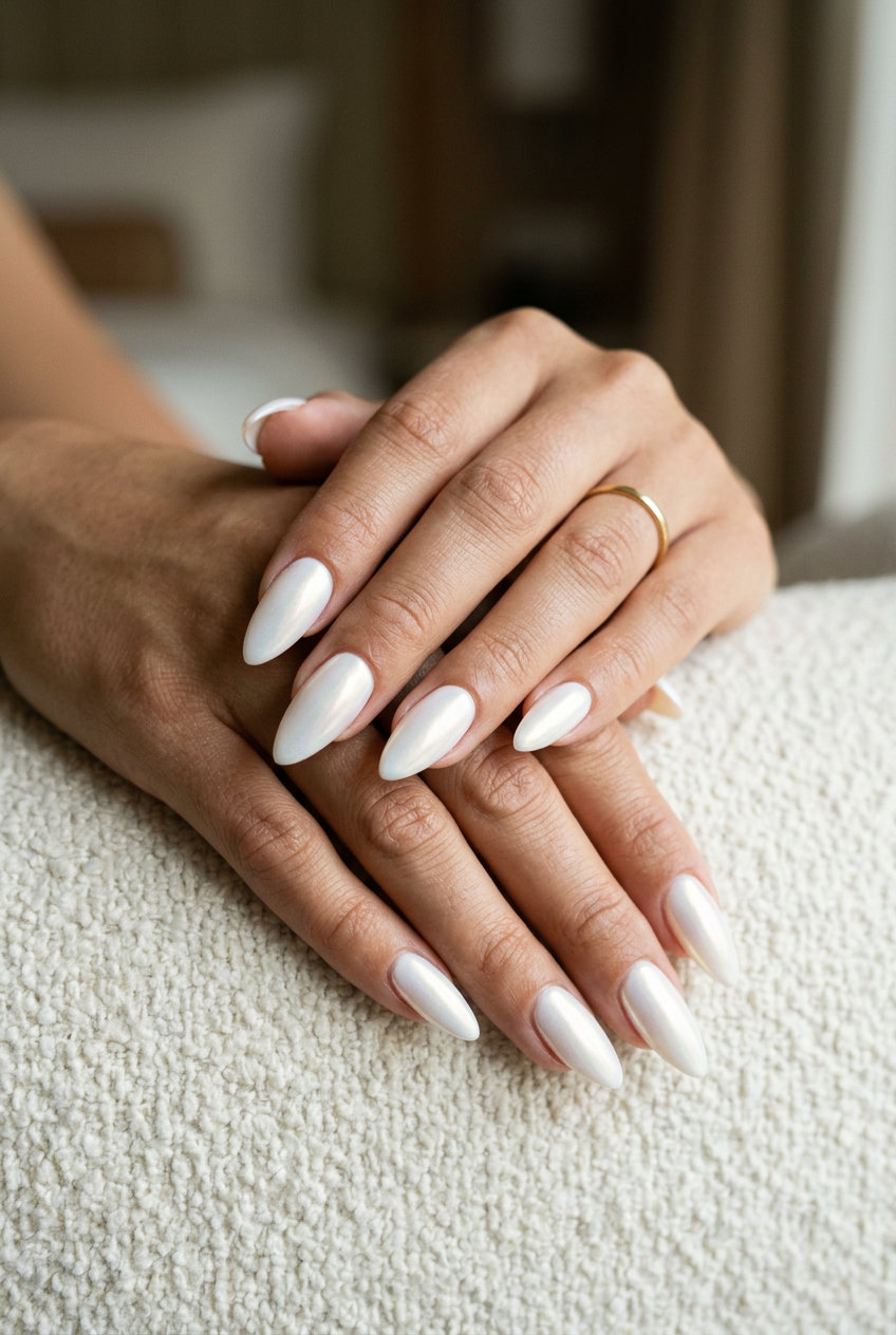 Ethereal white stiletto nails with a soft iridescent pearl sheen. Stiletto summer nails 2026.