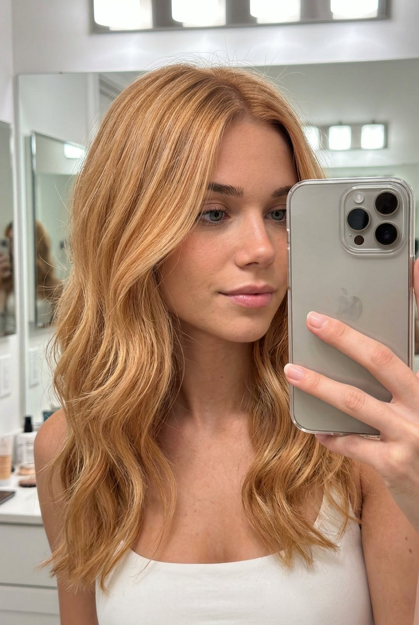 long strawberry blonde hair with golden apricot highlights, freehand balayage, face-framing layers — radiant beach day