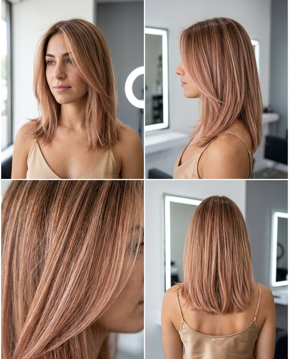 long layered hair strawberry blonde babylights on light brunette for romantic look