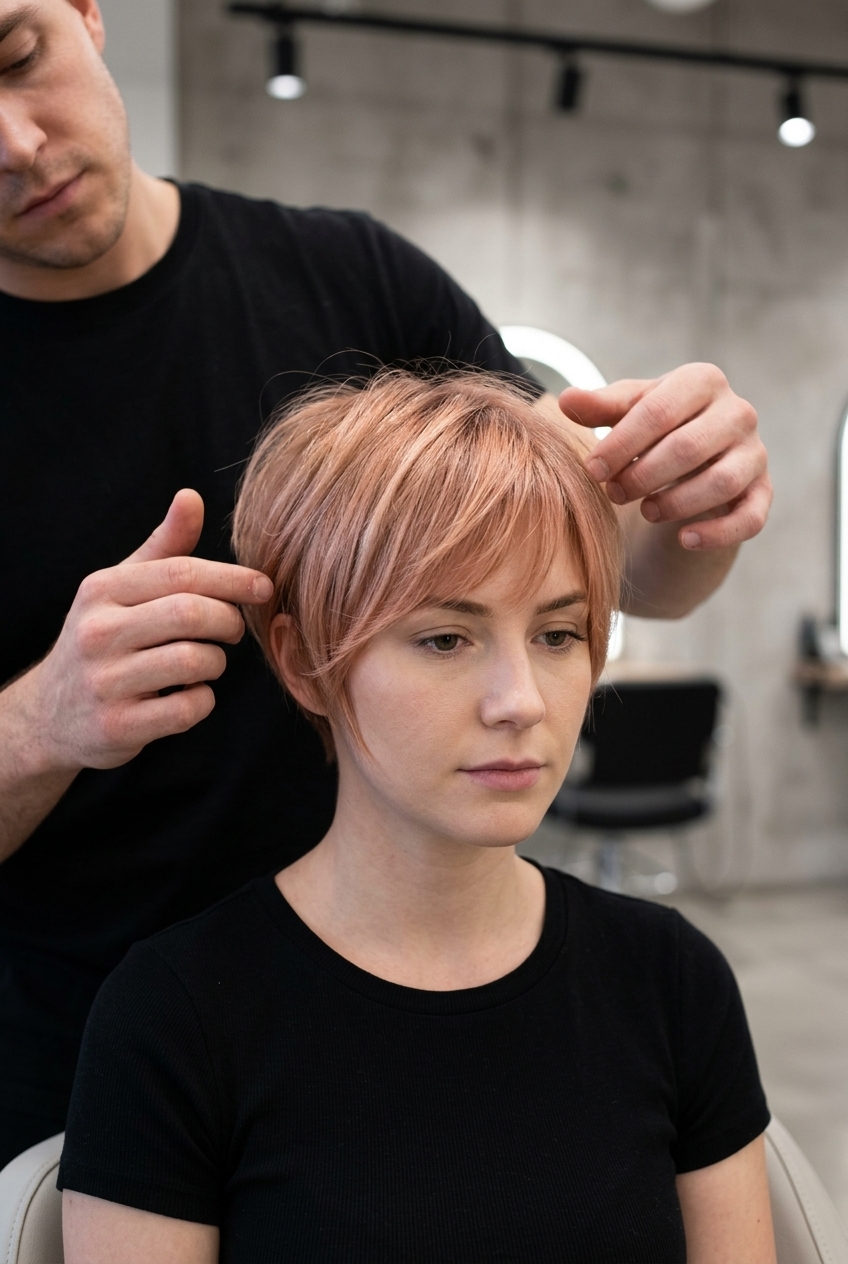 short pixie haircut with strawberry blonde and rose gold reflects, fine babylights, side-swept wispy bangs — romantic daily look