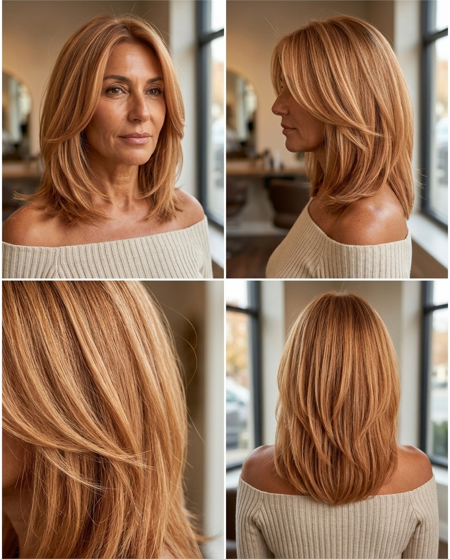 shoulder-length haircut in strawberry blonde with apricot babylights, face-framing layers, point-cut ends — soft romantic