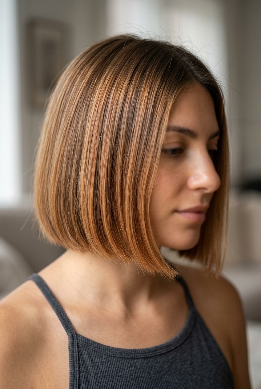 chin-length french bob haircut with subtle copper balayage, blunt perimeter, and no bangs for professional