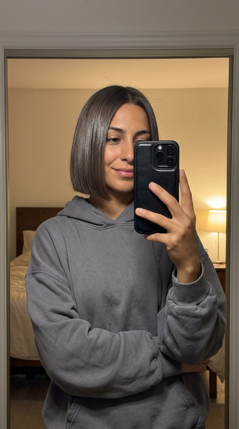 shoulder-length blunt bob with subtle mushroom brown and liquid silk gloss, precise cut — sophisticated