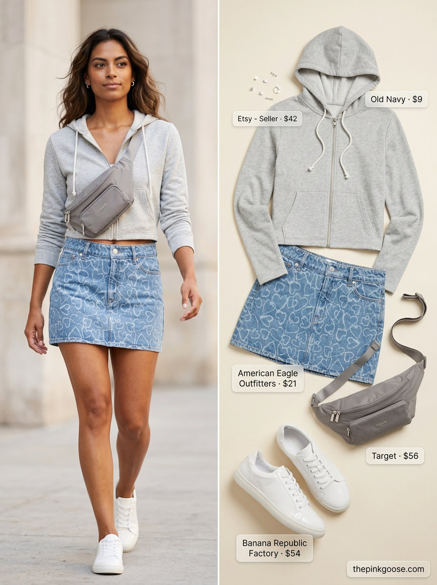 Summer 2026 Outfit Idea: Light grey athleisure set, white sneakers, silver belt bag for travel comfort.