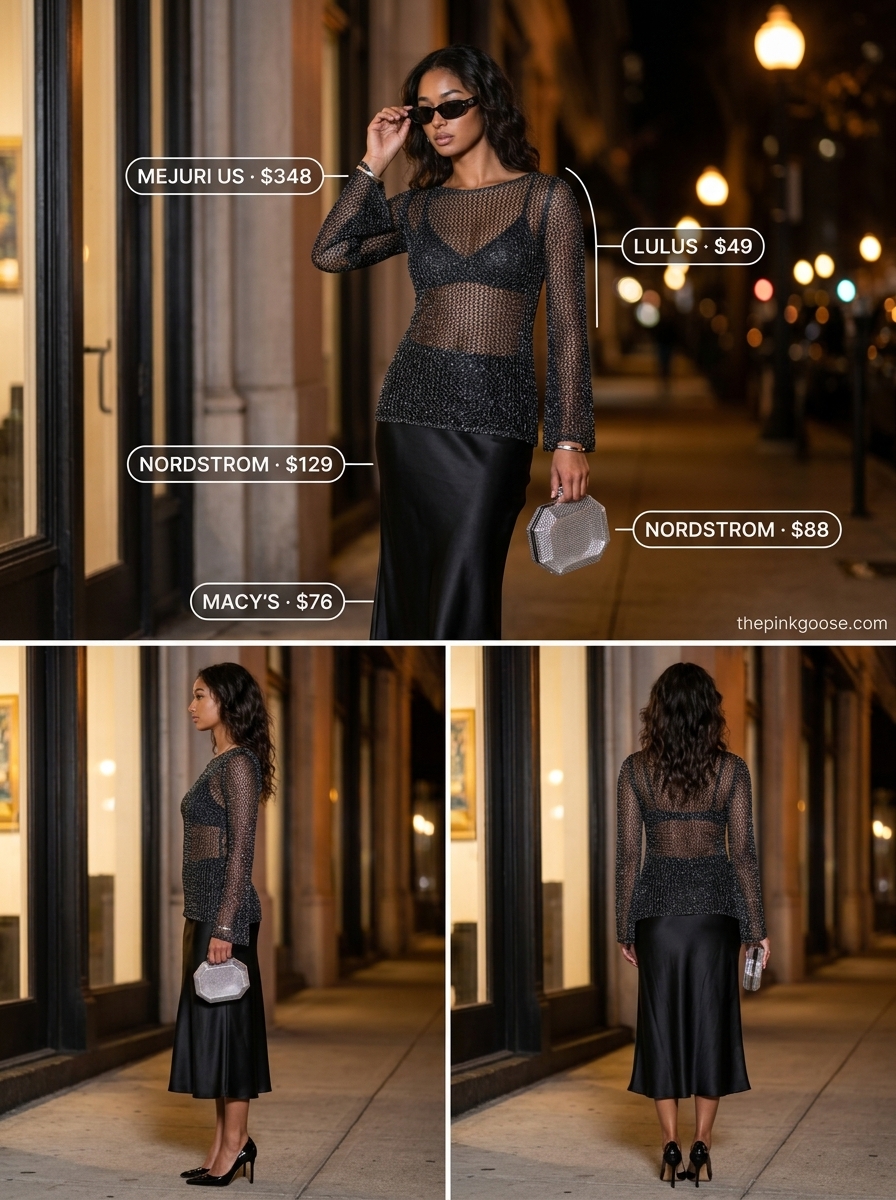 Summer A-Line Skirt Outfits for Women 2026: Black satin skirt, sheer blouse, silver clutch for art gallery.