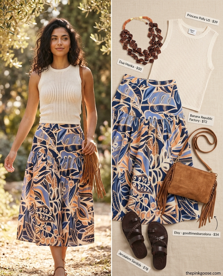 Summer A-Line Skirt Outfits for Women 2026: Boho tiered midi skirt, crochet top, suede bag for festivals.